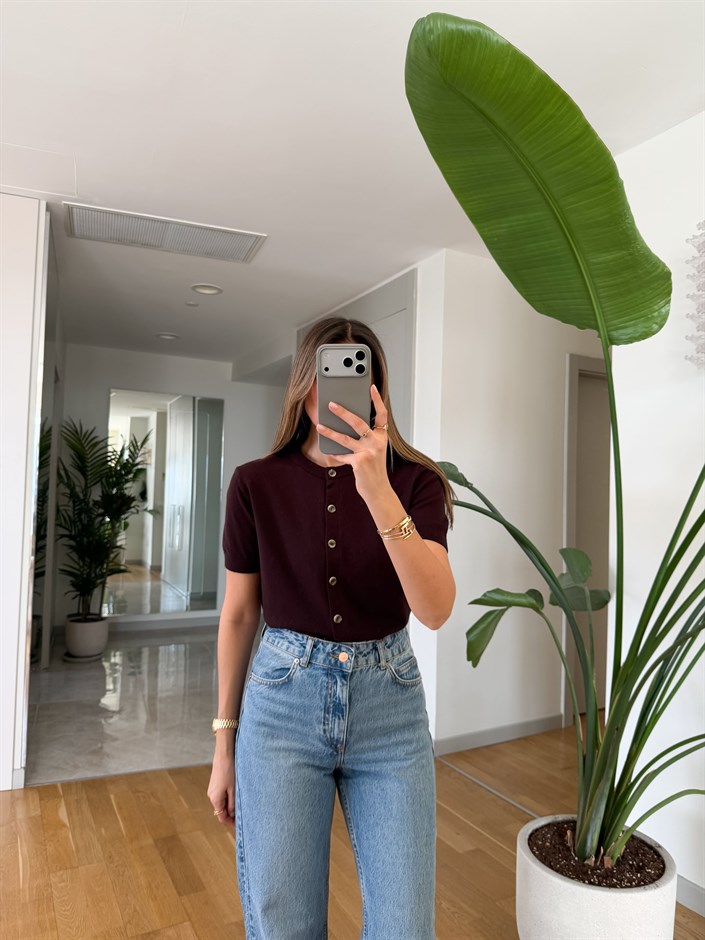 Kısa Kollu Triko Hırka - Kahve