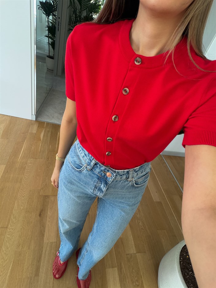 Kısa Kollu Triko Hırka - Kırmızı 
