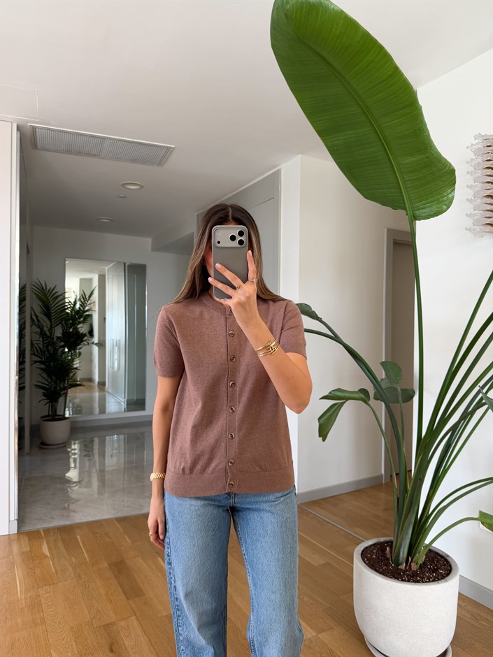 Kısa Kollu Triko Hırka - Vizon