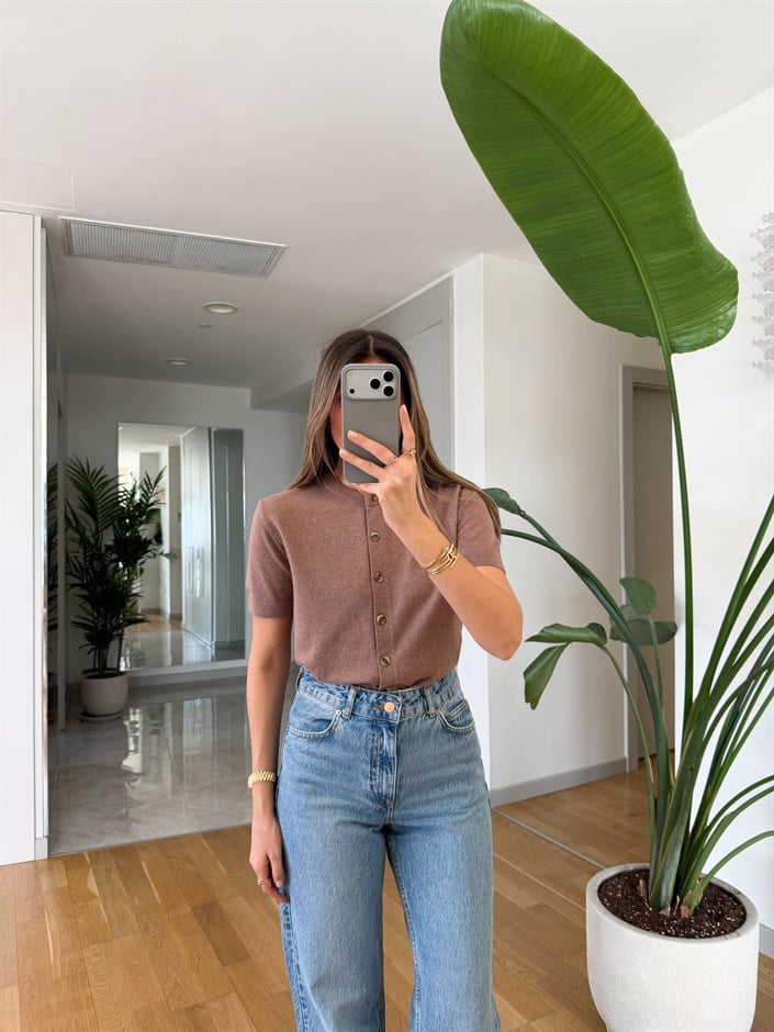 Kısa Kollu Triko Hırka - Vizon