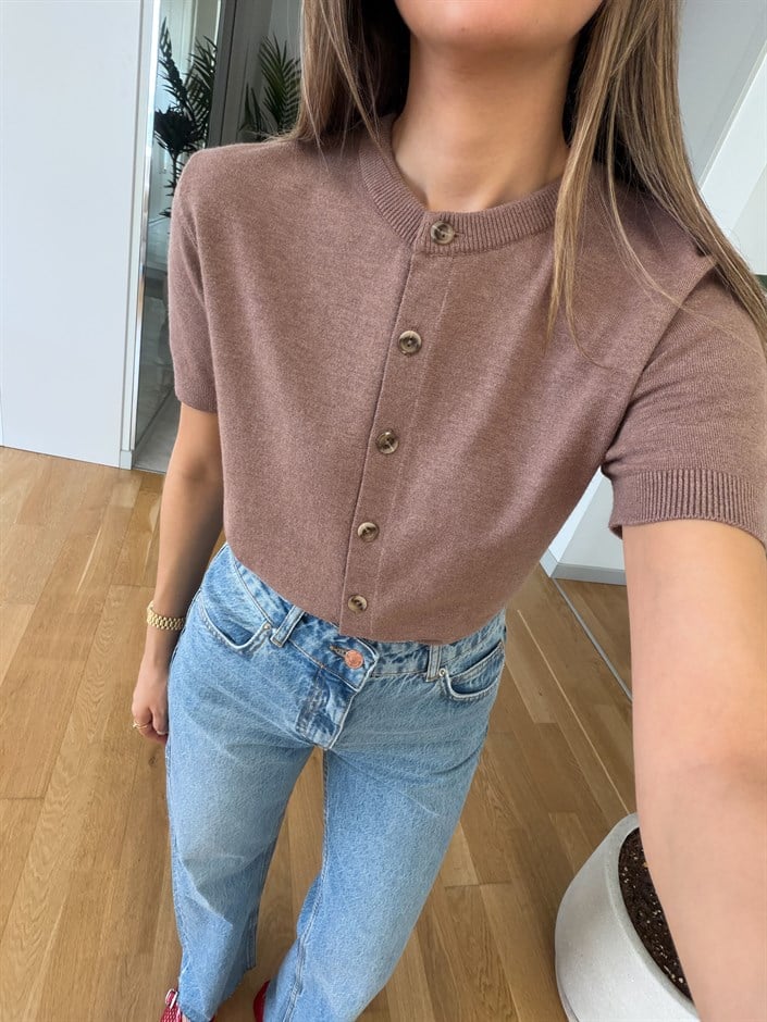 Kısa Kollu Triko Hırka - Vizon