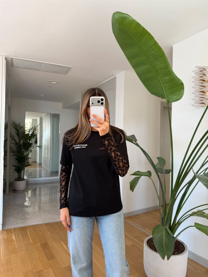 Kolu Dantelli T-shirt - Siyah