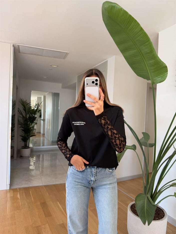 Kolu Dantelli T-shirt - Siyah