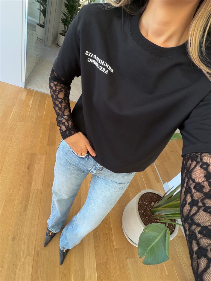 Kolu Dantelli T-shirt - Siyah