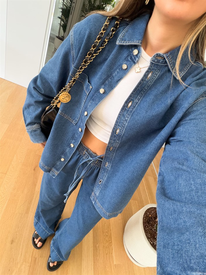 Kontrast Dikişli Denim Gömlek 