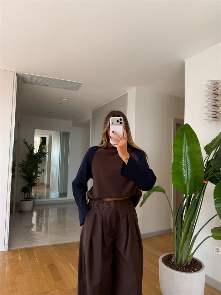 Kontrast Renkli Sweat - Kahve Lacivert