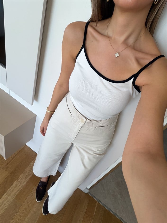 Kontrast Şeritli Askılı Atlet - Ekru