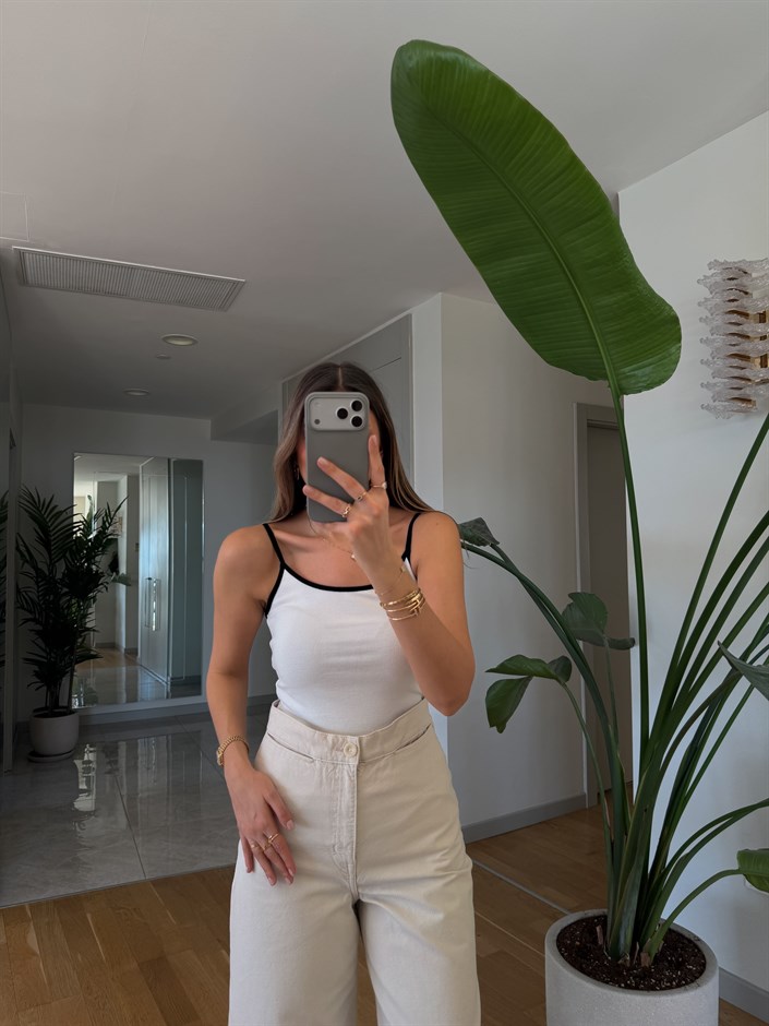 Kontrast Şeritli Askılı Atlet - Ekru