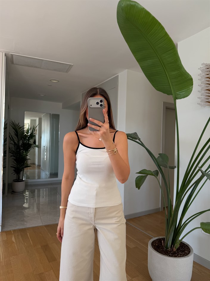 Kontrast Şeritli Askılı Atlet - Ekru