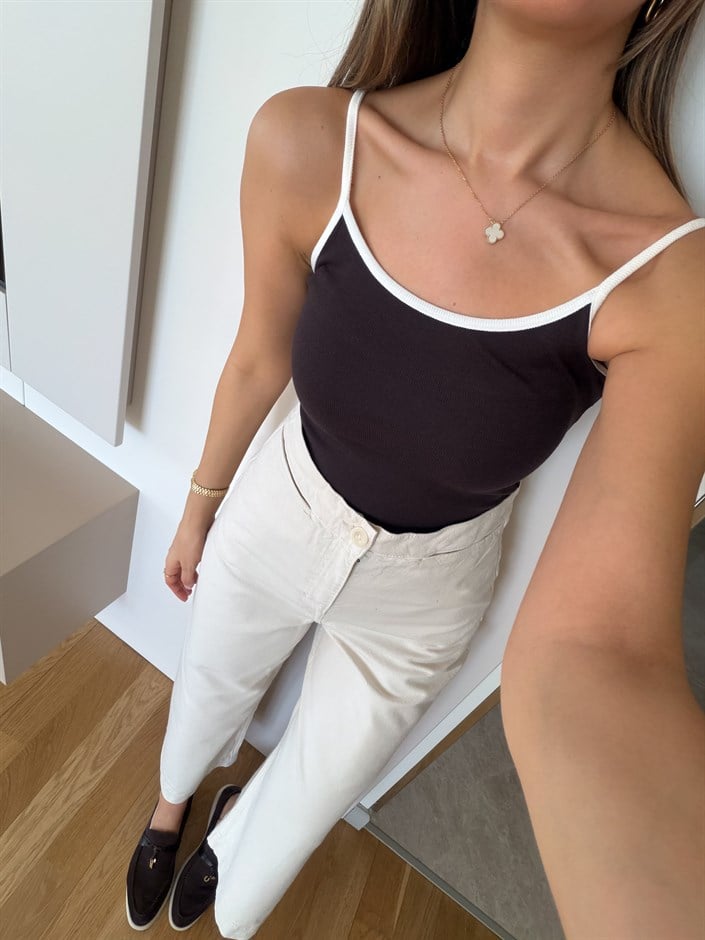 Kontrast Şeritli Askılı Atlet - Kahve