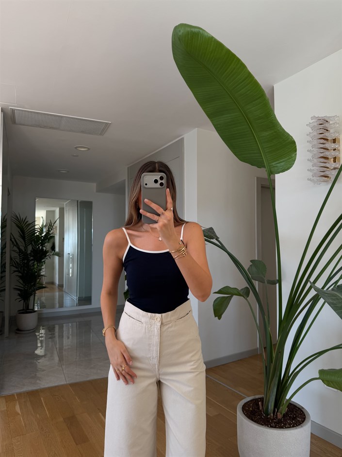 Kontrast Şeritli Askılı Atlet - Lacivert