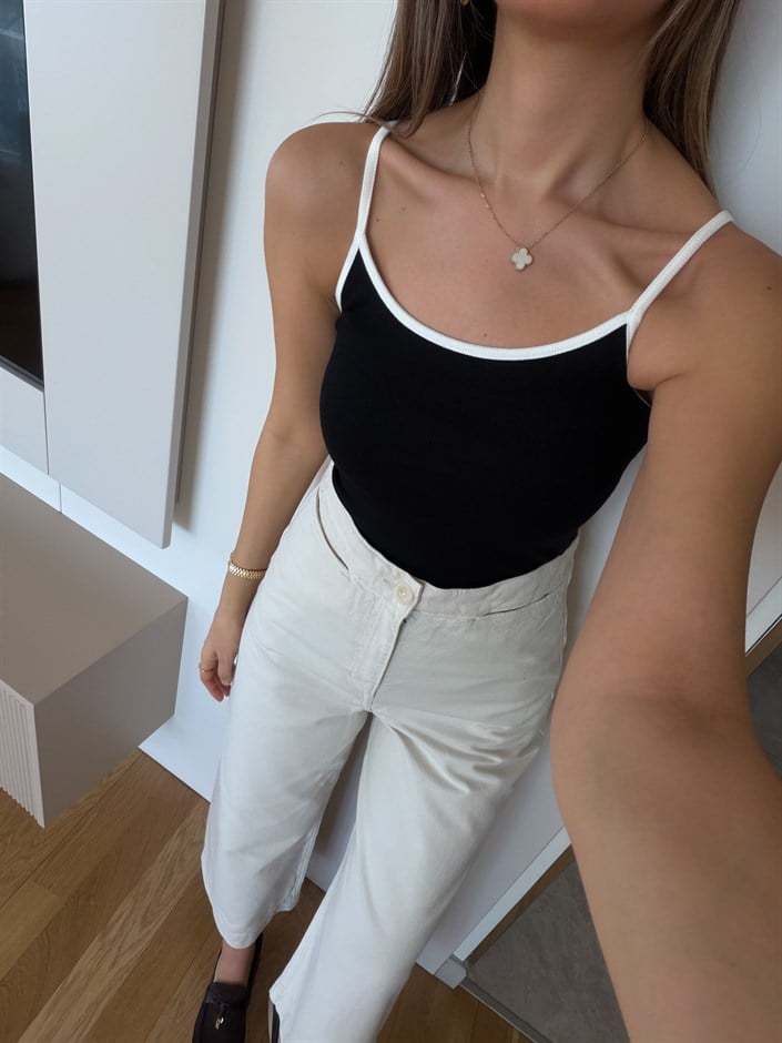 Kontrast Şeritli Askılı Atlet - Siyah