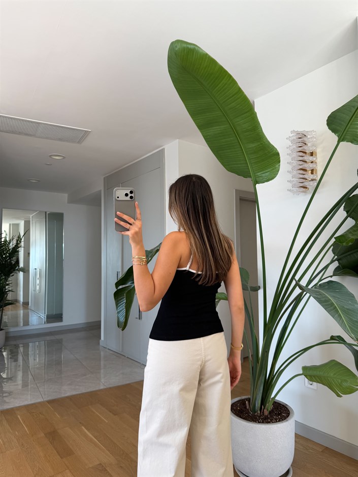 Kontrast Şeritli Askılı Atlet - Siyah