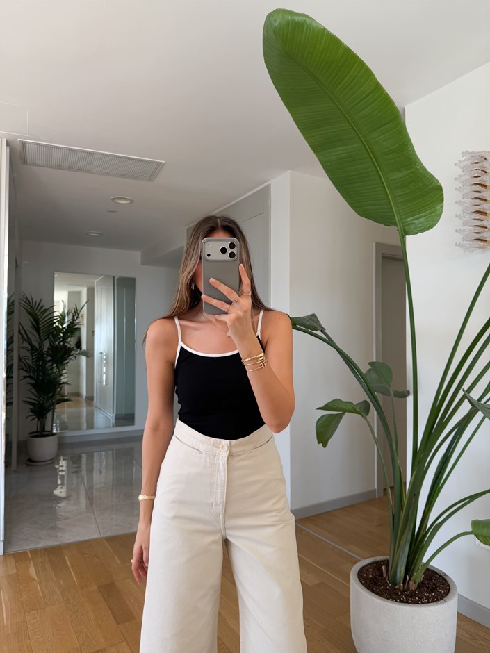 Kontrast Şeritli Askılı Atlet - Siyah