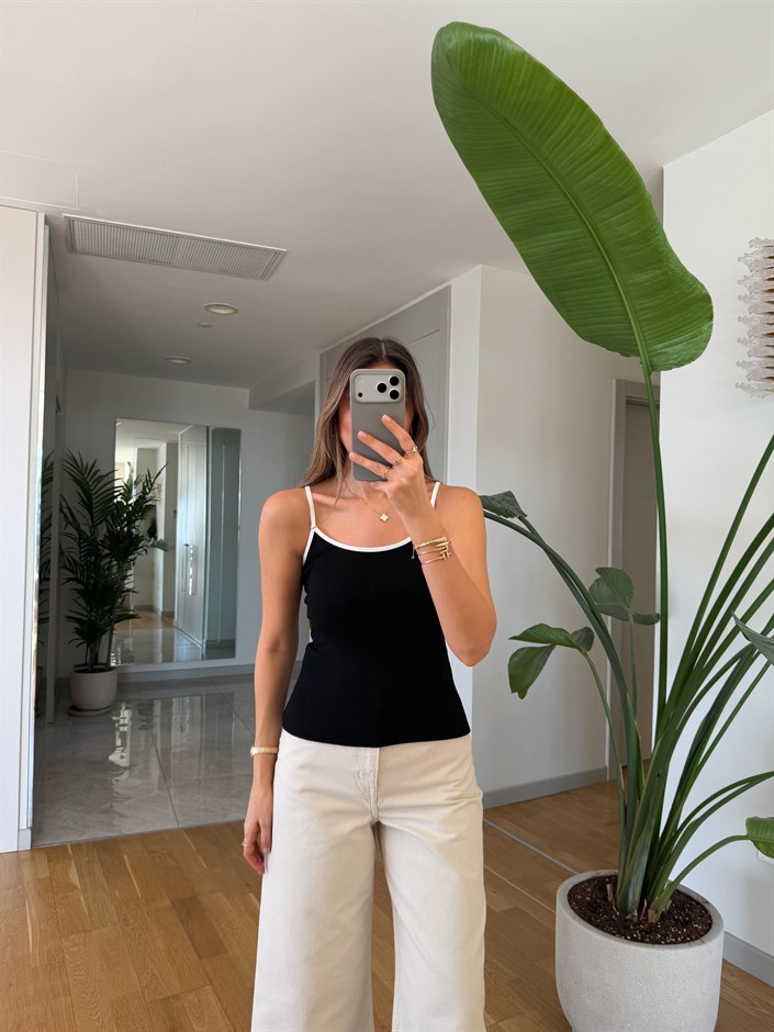 Kontrast Şeritli Askılı Atlet - Siyah