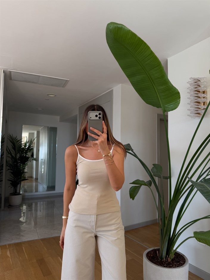 Kontrast Şeritli Askılı Atlet - Taş