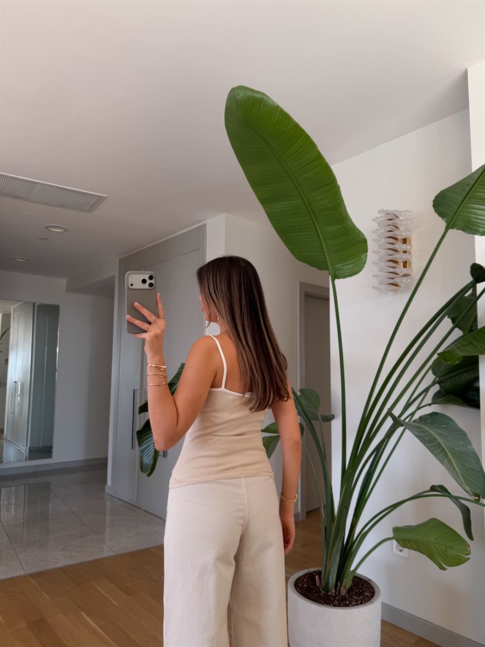 Kontrast Şeritli Askılı Atlet - Taş