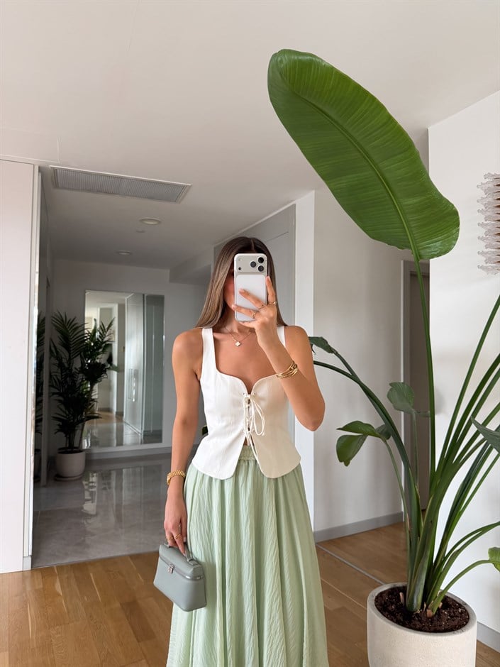 Korse Görünümlü Gabardin Bluz - Ekru 