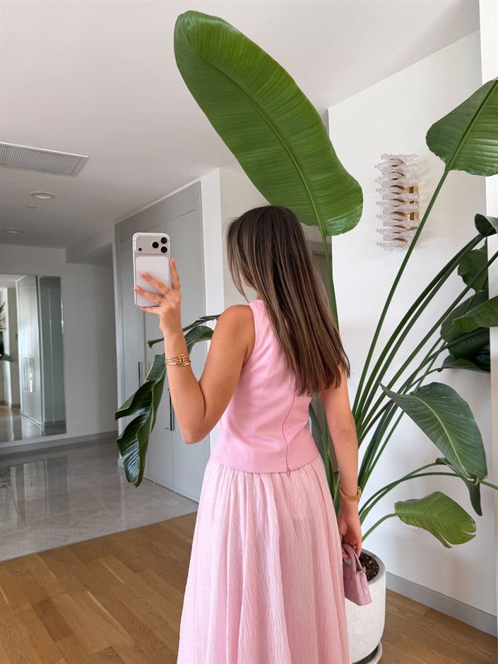 Korse Görünümlü Gabardin Bluz - Pembe