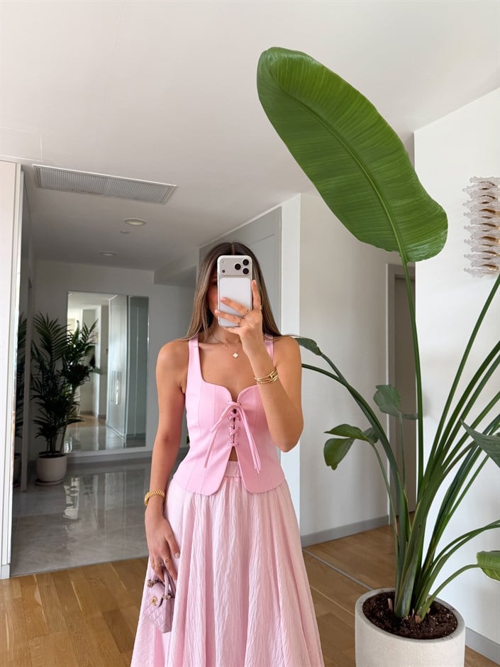Korse Görünümlü Gabardin Bluz - Pembe