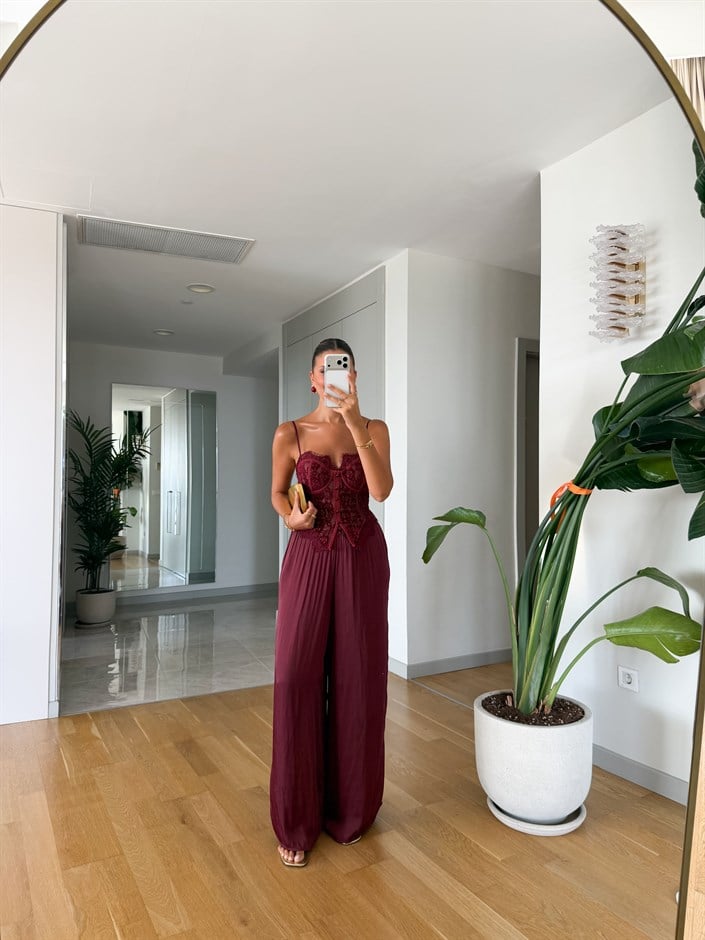 Kosy Dökümlü Saten Pantolon - Bordo