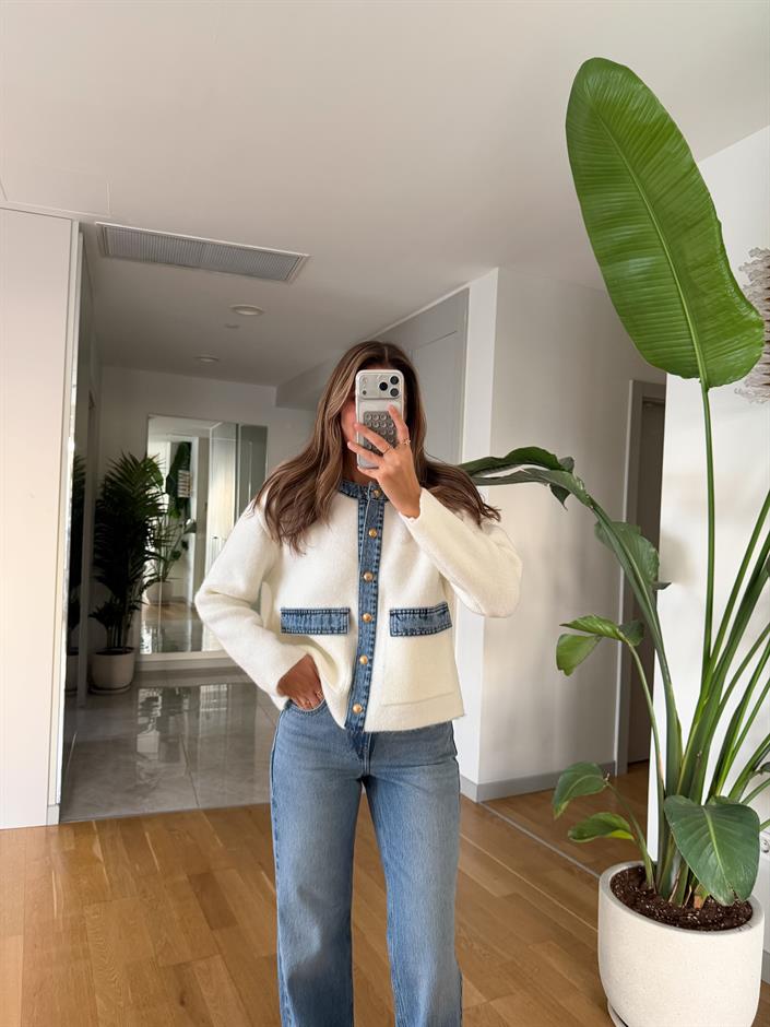 Kot Garnili Triko Hırka - Ekru