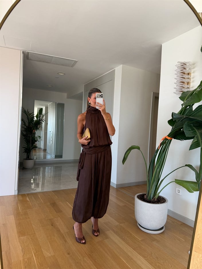 Kourtney Saten Şalvar Takım - Kahve