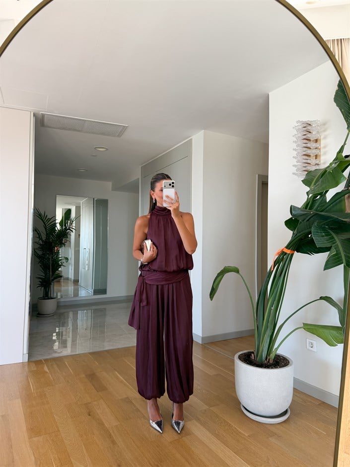 Kourtney Saten Şalvar Takım - Mürdüm 