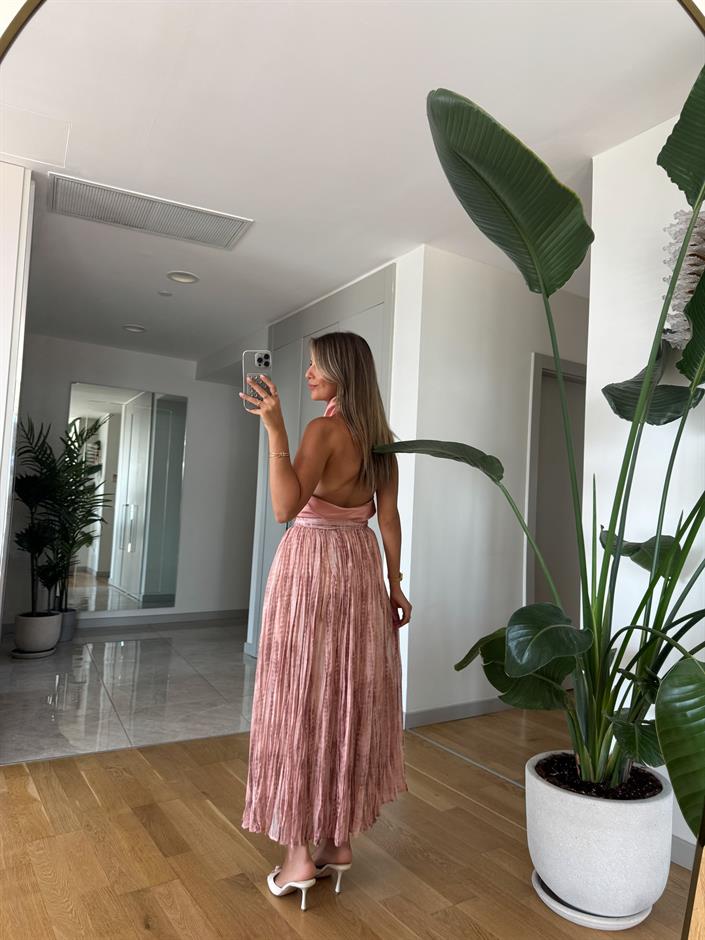 Kraşlı Şifon Midi Etek - Pudra 