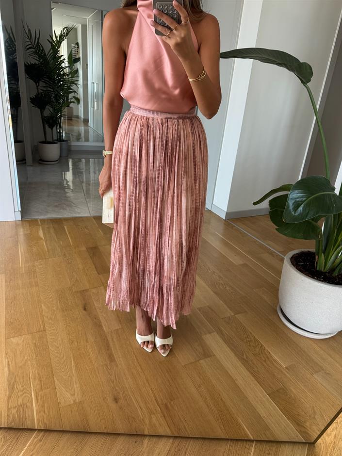 Kraşlı Şifon Midi Etek - Pudra 