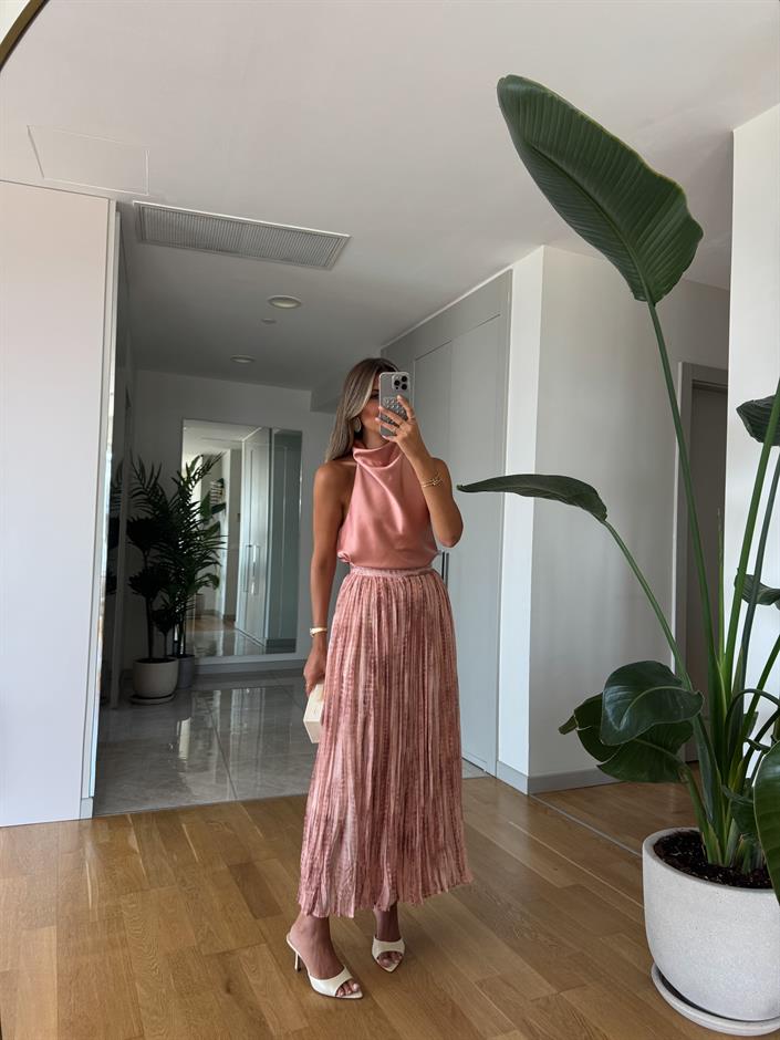 Kraşlı Şifon Midi Etek - Pudra 