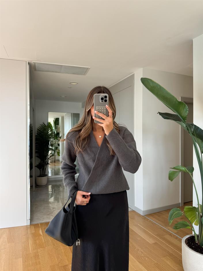 Kruvaze Bağlamalı Triko Hırka - Gri 