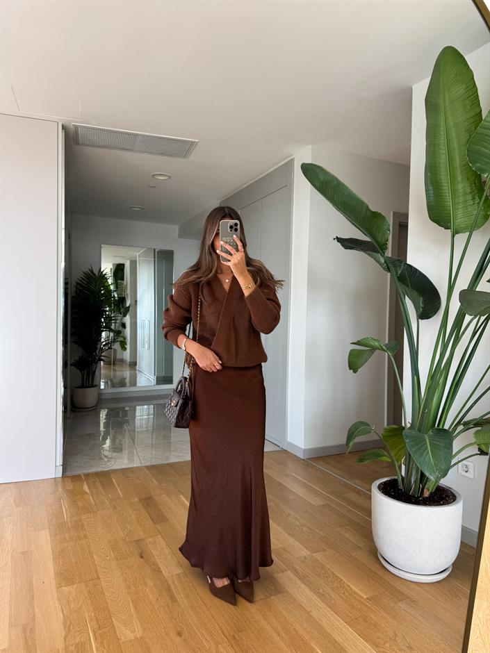 Kruvaze Bağlamalı Triko Hırka - Kahve