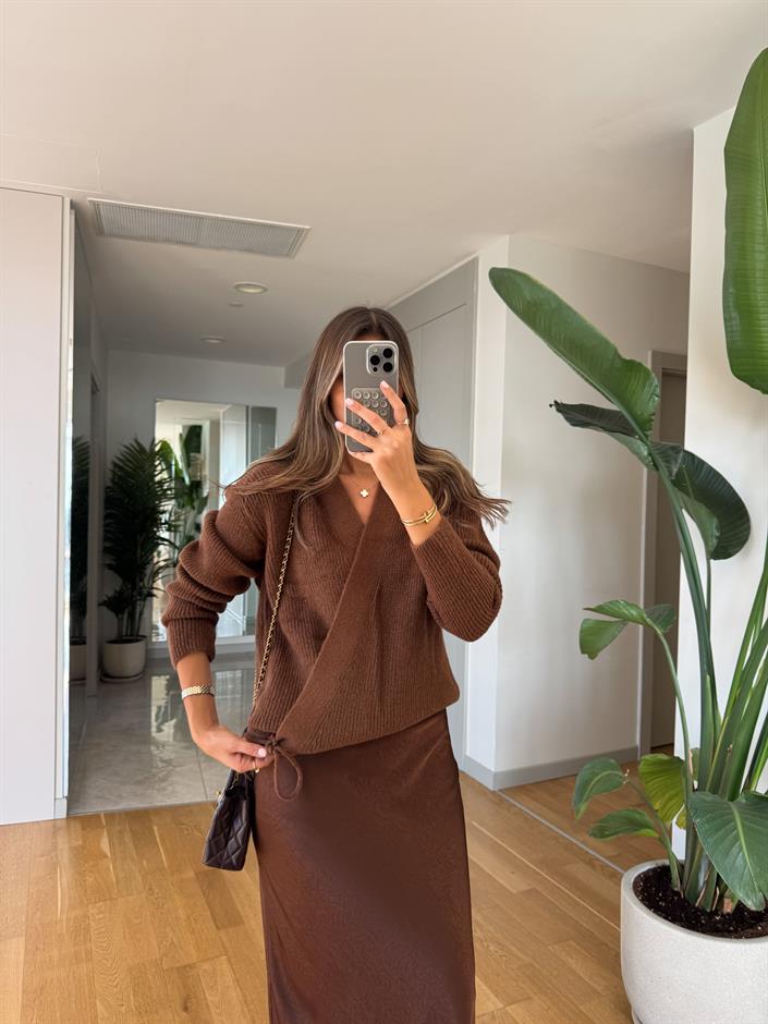 Kruvaze Bağlamalı Triko Hırka - Kahve