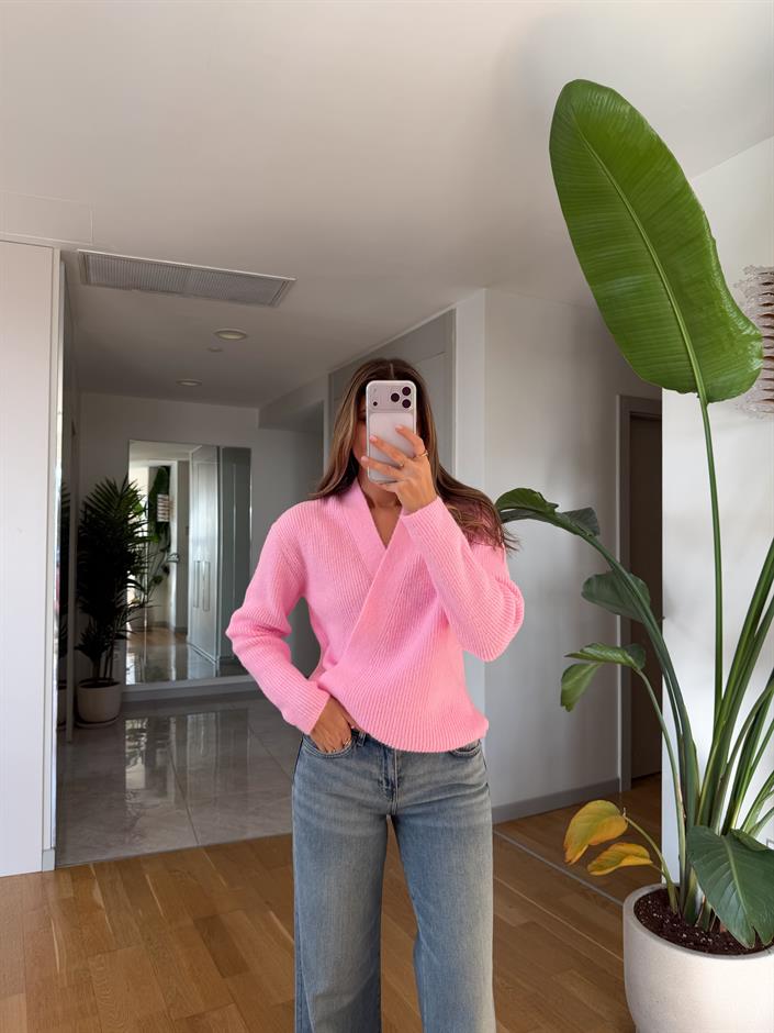 Kruvaze Bağlamalı Triko Hırka - Pembe