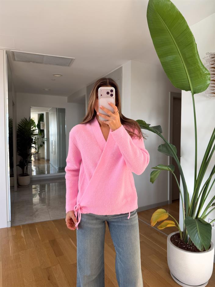 Kruvaze Bağlamalı Triko Hırka - Pembe