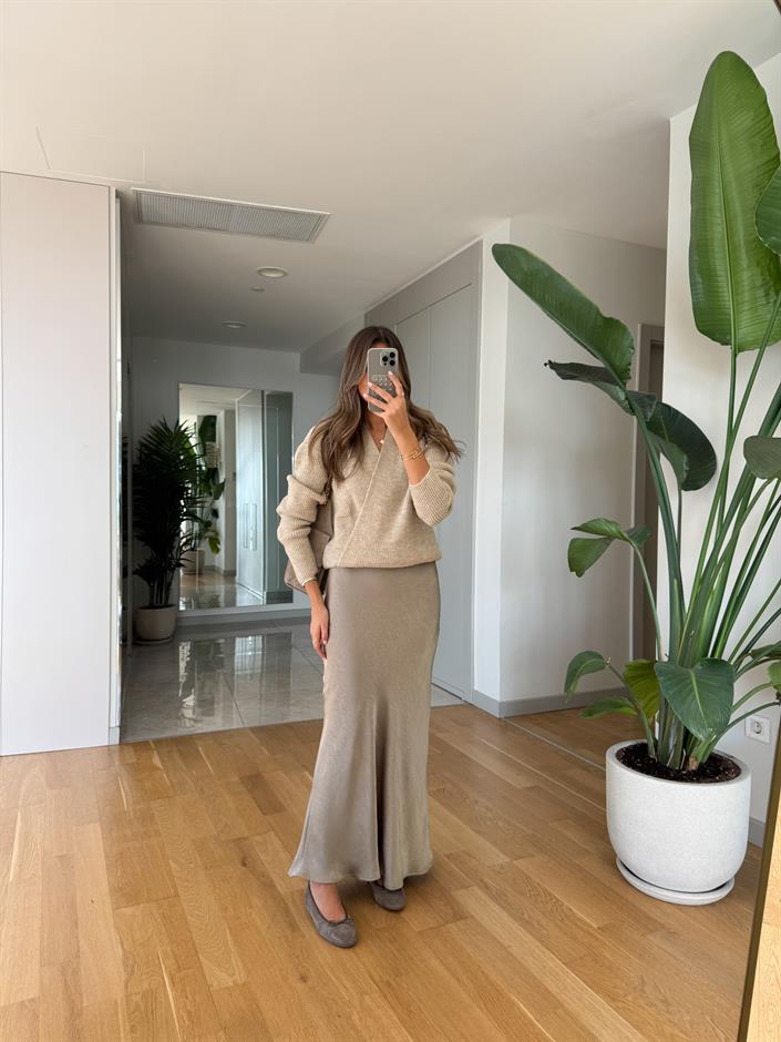 Kruvaze Bağlamalı Triko Hırka - Taş