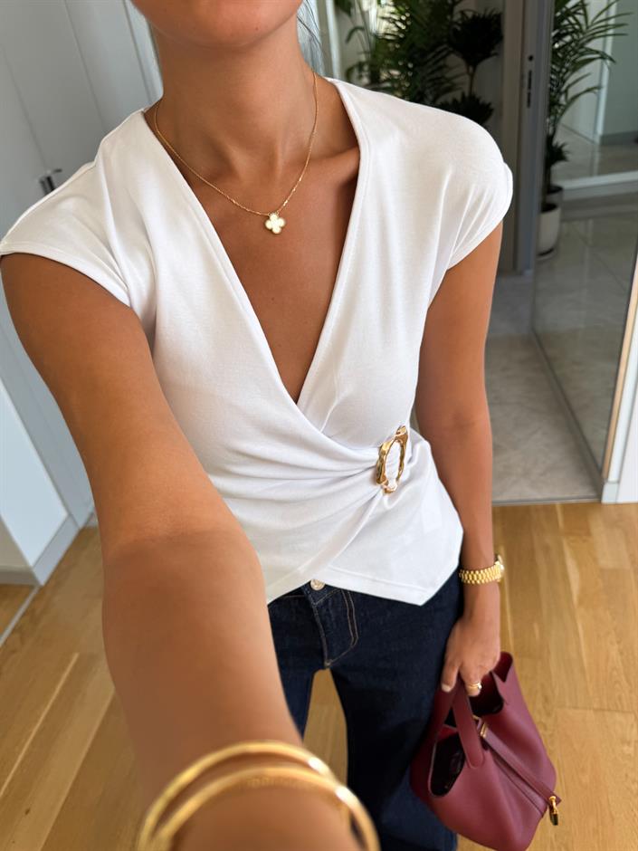 Kruvaze Tokalı Basic Bluz - Beyaz