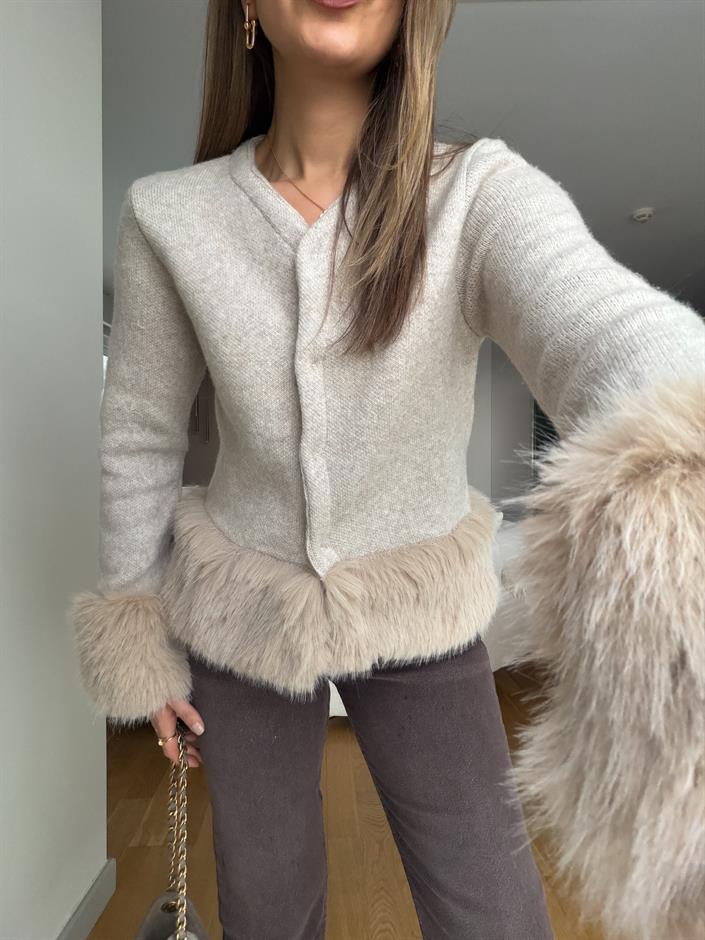 Kürk Detaylı Çıt Çıtlı Hırka - Bej