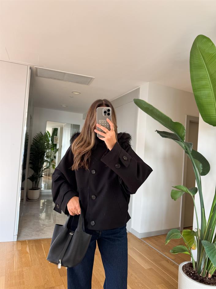 Kürk Kapüşonlu Parka - Siyah