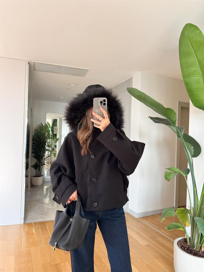 Kürk Kapüşonlu Parka - Siyah
