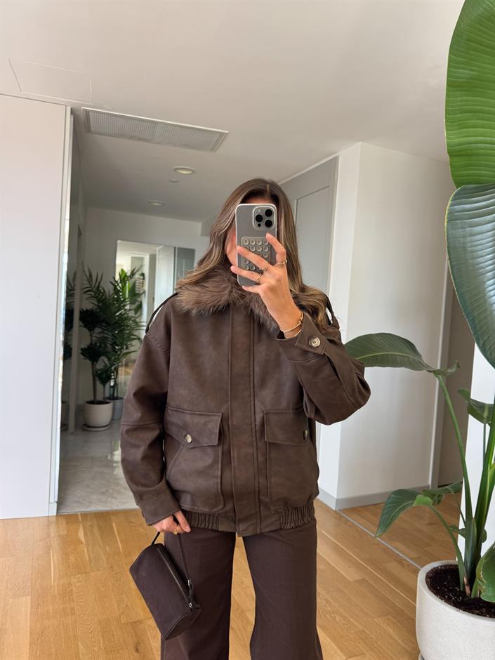 Kürk Yakalı Deri Ceket - Kahve