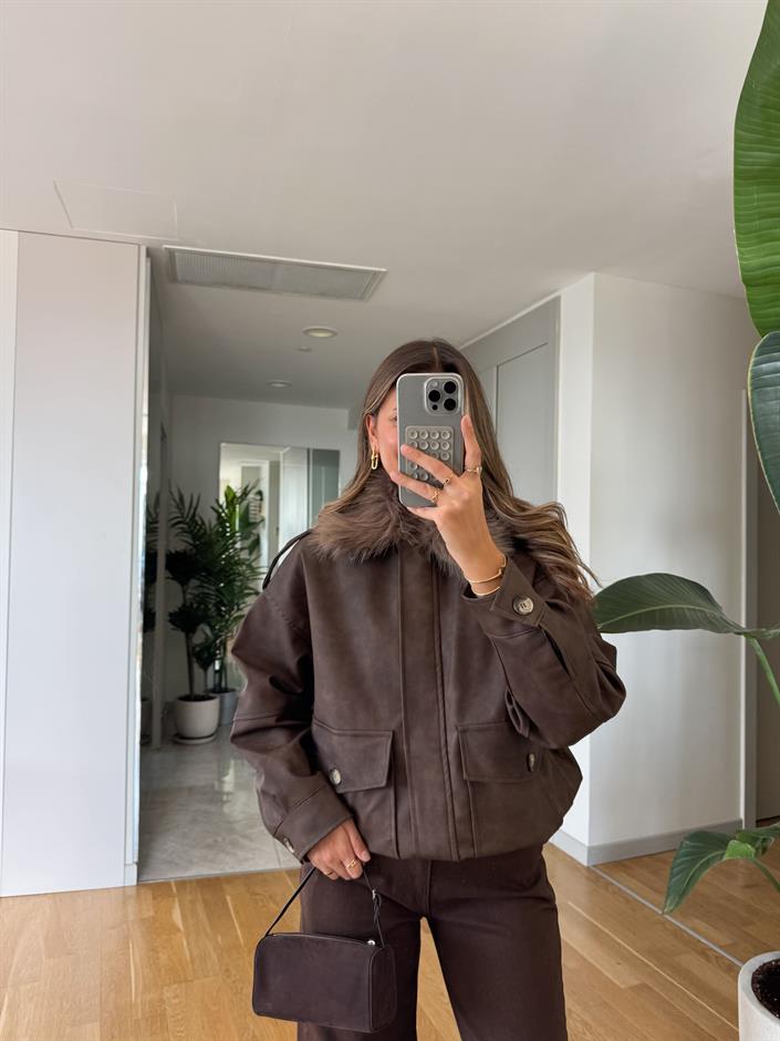 Kürk Yakalı Deri Ceket - Kahve
