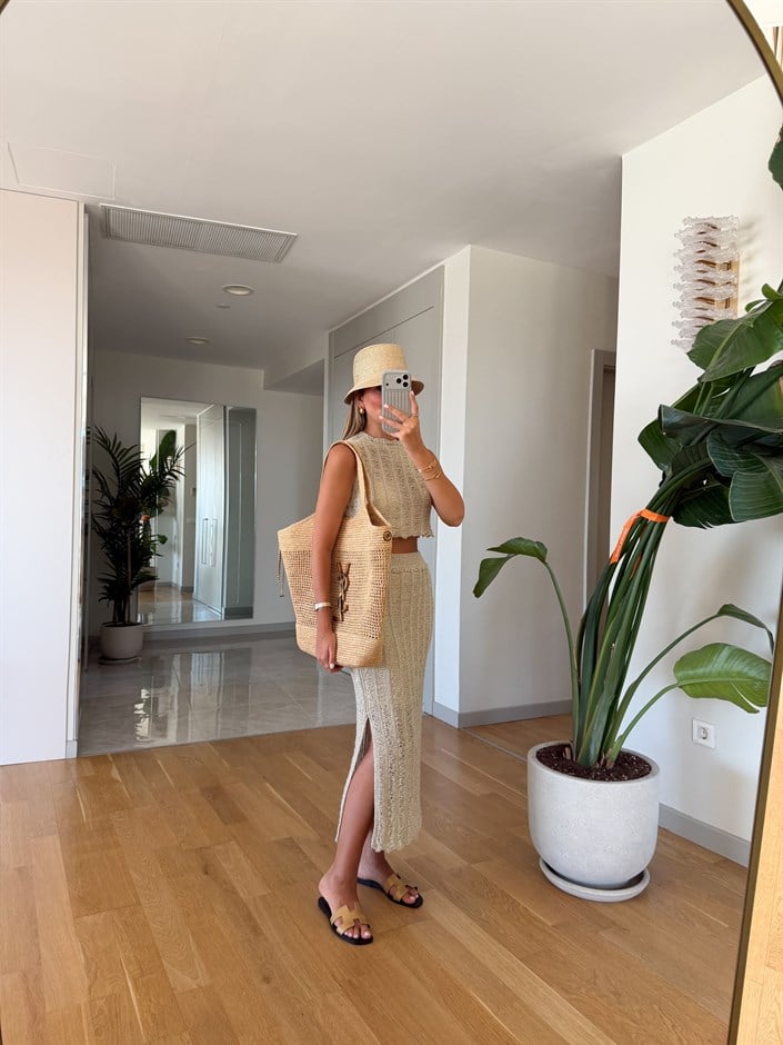 Kyla Simli Crop Etek Takım - Bej