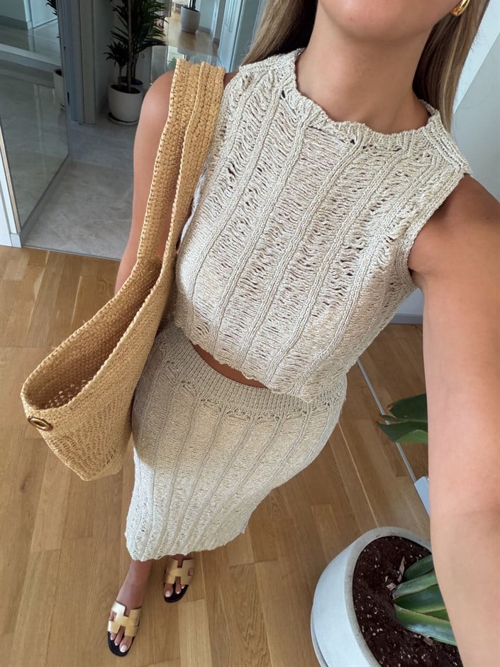 Kyla Simli Crop Etek Takım - Bej