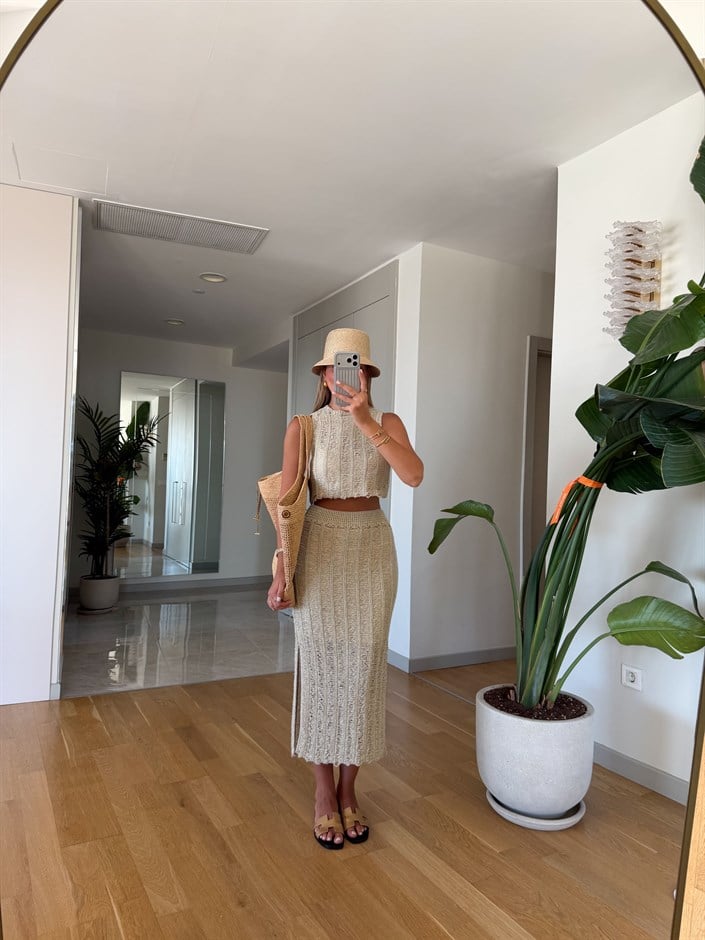 Kyla Simli Crop Etek Takım - Bej