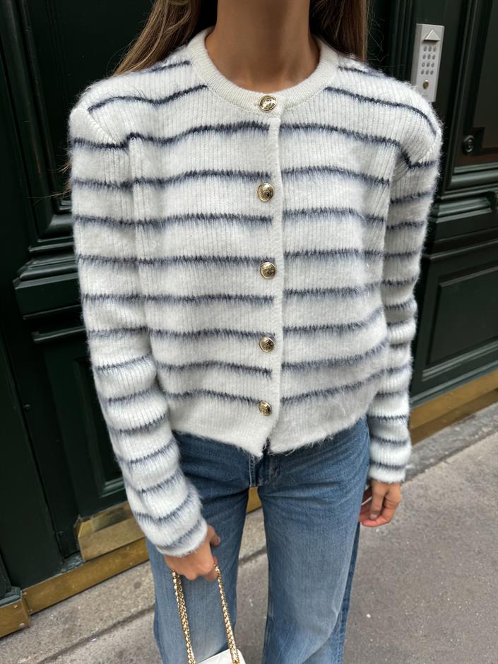 Lacivert Çizgili Gold Düğmeli Tüylü Hırka