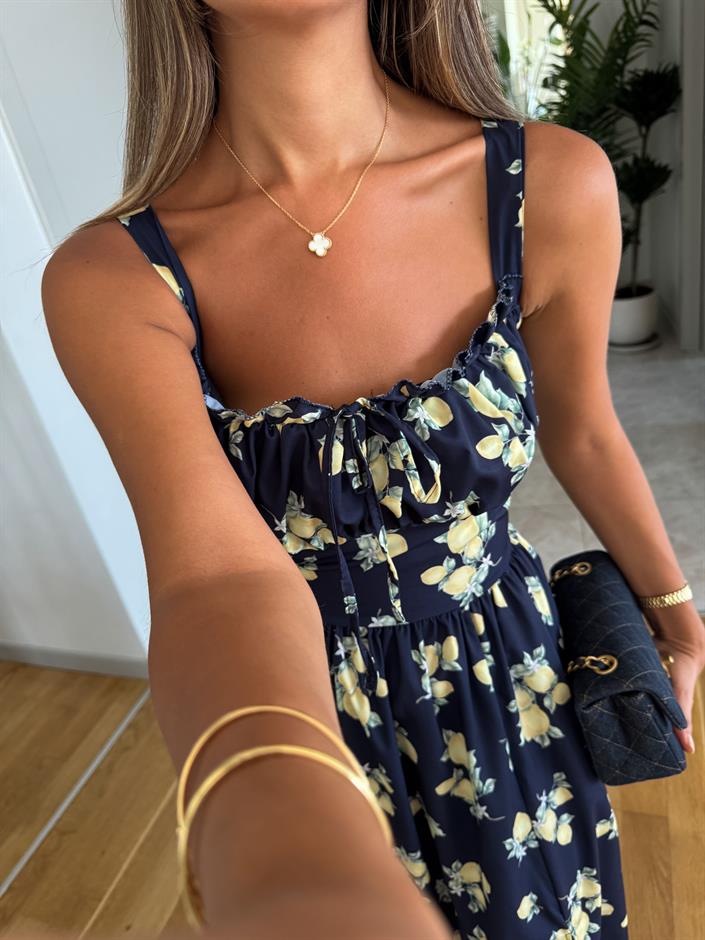 Lacivert Limon Baskılı Elbise 