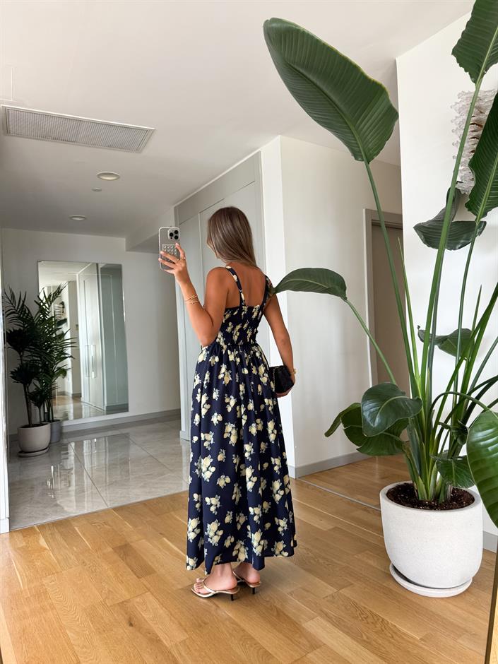 Lacivert Limon Baskılı Elbise 