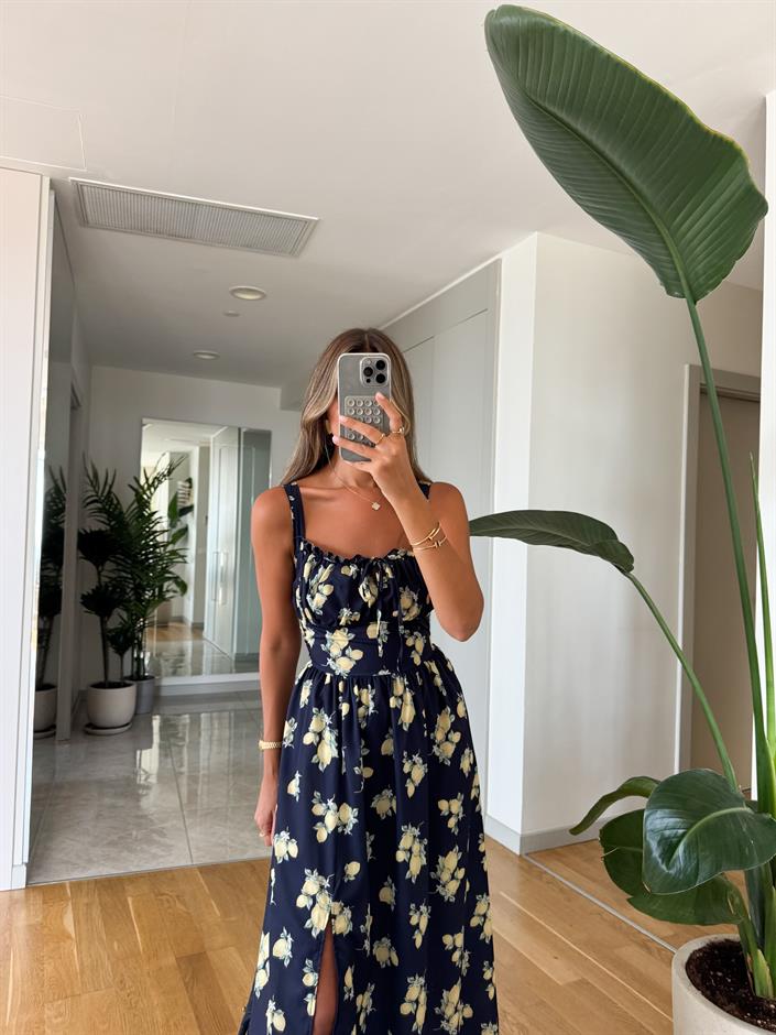 Lacivert Limon Baskılı Elbise 